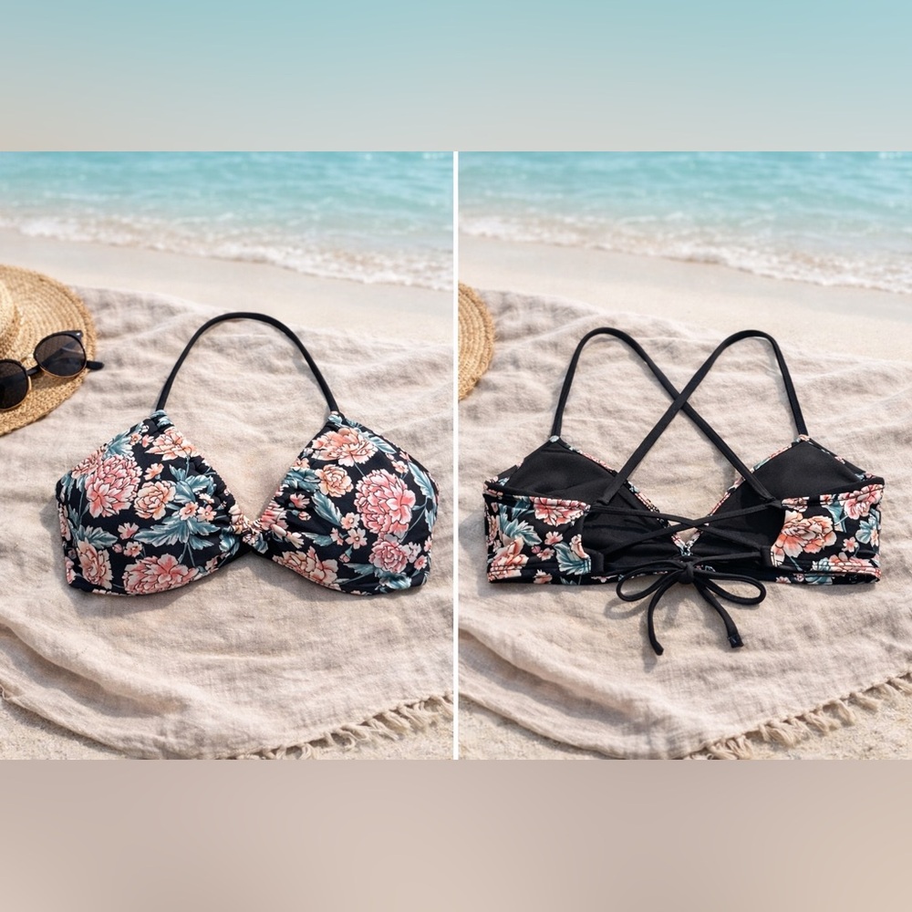Xhilaration Target Floral Bikini Top Size L -Crisscross Back Black Pink Swimwear
